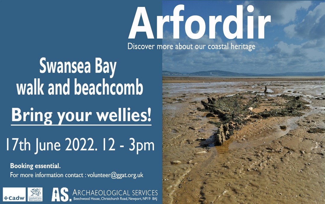 Our next Arfordir training day is fast approaching! If you're interested in the history and archaeology of Swansea Bay, then this one is for you.
Come and join us on the 17th June and don't forget to bring your wellies!!

To book your place or sign up as a volunteer on the project, contact us at volunteer@ggat.org.uk

#archaeology #coastal #foreshore #foreshorearcheology ##welsharchaeology #Swansea #swanseabay #discoveryisjustthebeginning #GuidedWalks #trainingday