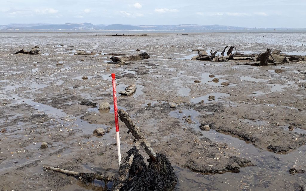 Remains of Twentieth century shipwrecks prodruding from the mud of Swansea bay