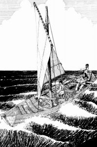 Reconstruction drawing of the Barland's Boat sailing on a rough seawith its crew